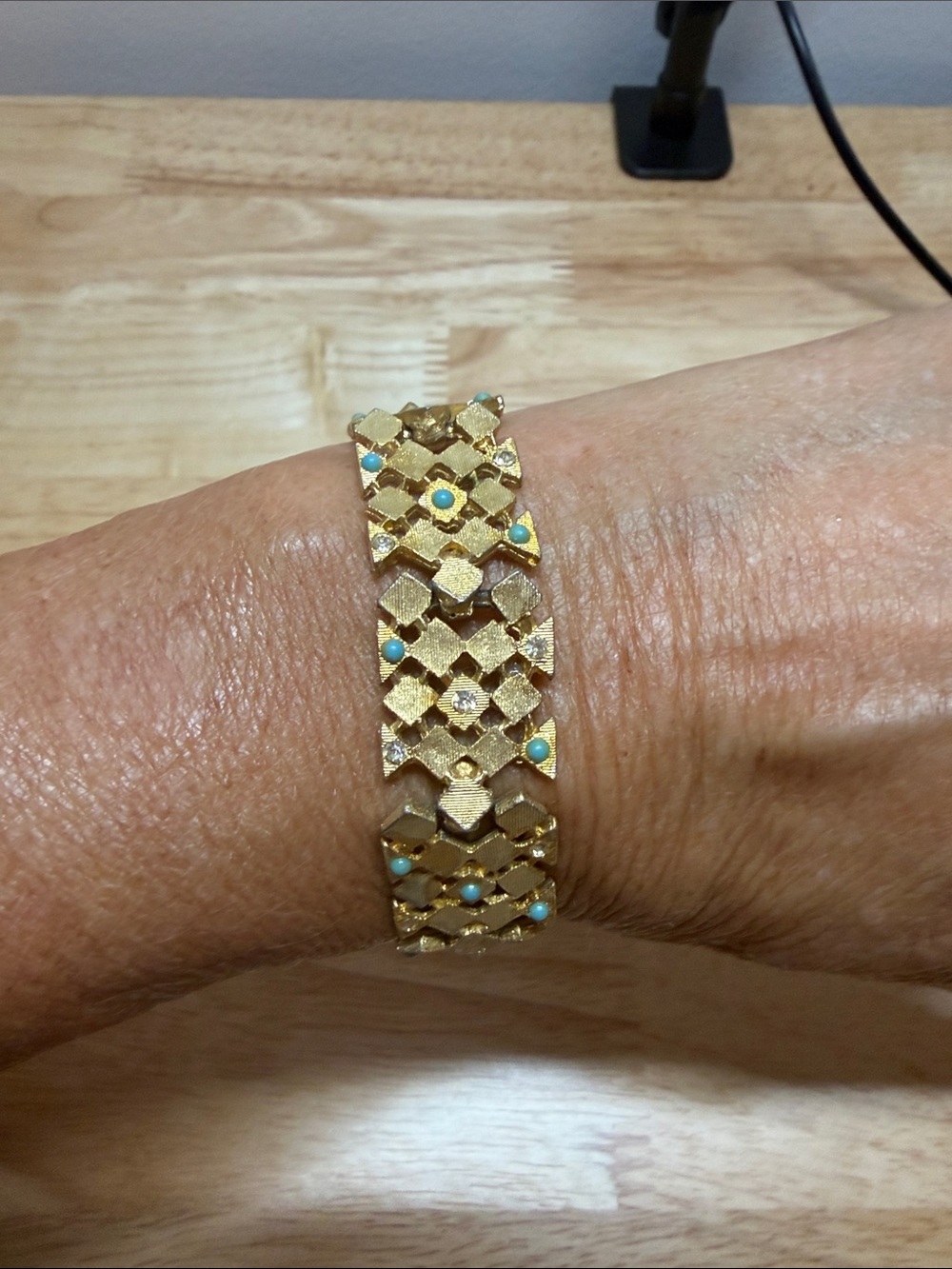 Vintage Gold Tone Bracelet with Turquoise and Rhinestone Accents